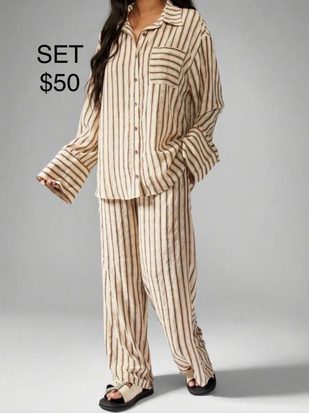 Cream Striped Linen Look PJ Set